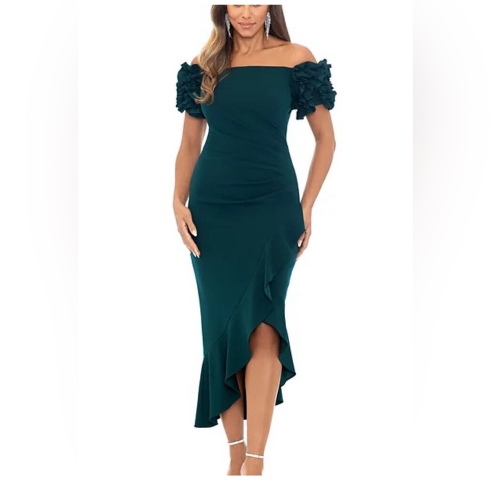 XSCAPE Off-the-Shoulder Ruffle-Sleeve Midi Dress Green Size 8
Like new,worn once